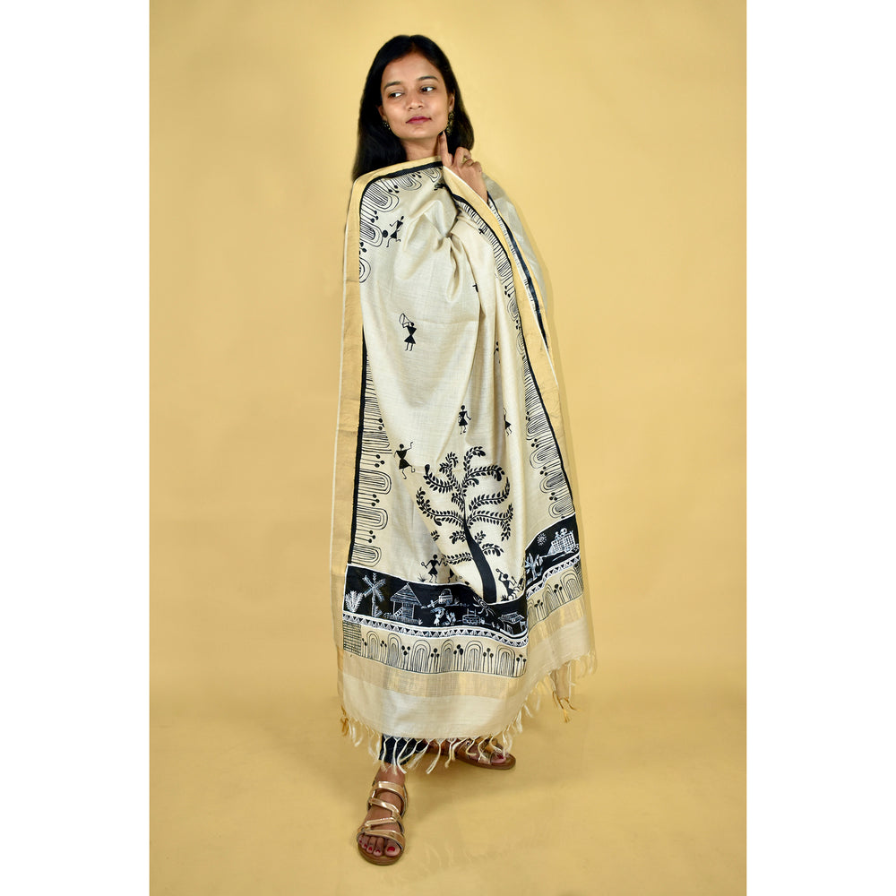 Beige - Warli Hand-painted Traditional Tussar Silk Dupatta