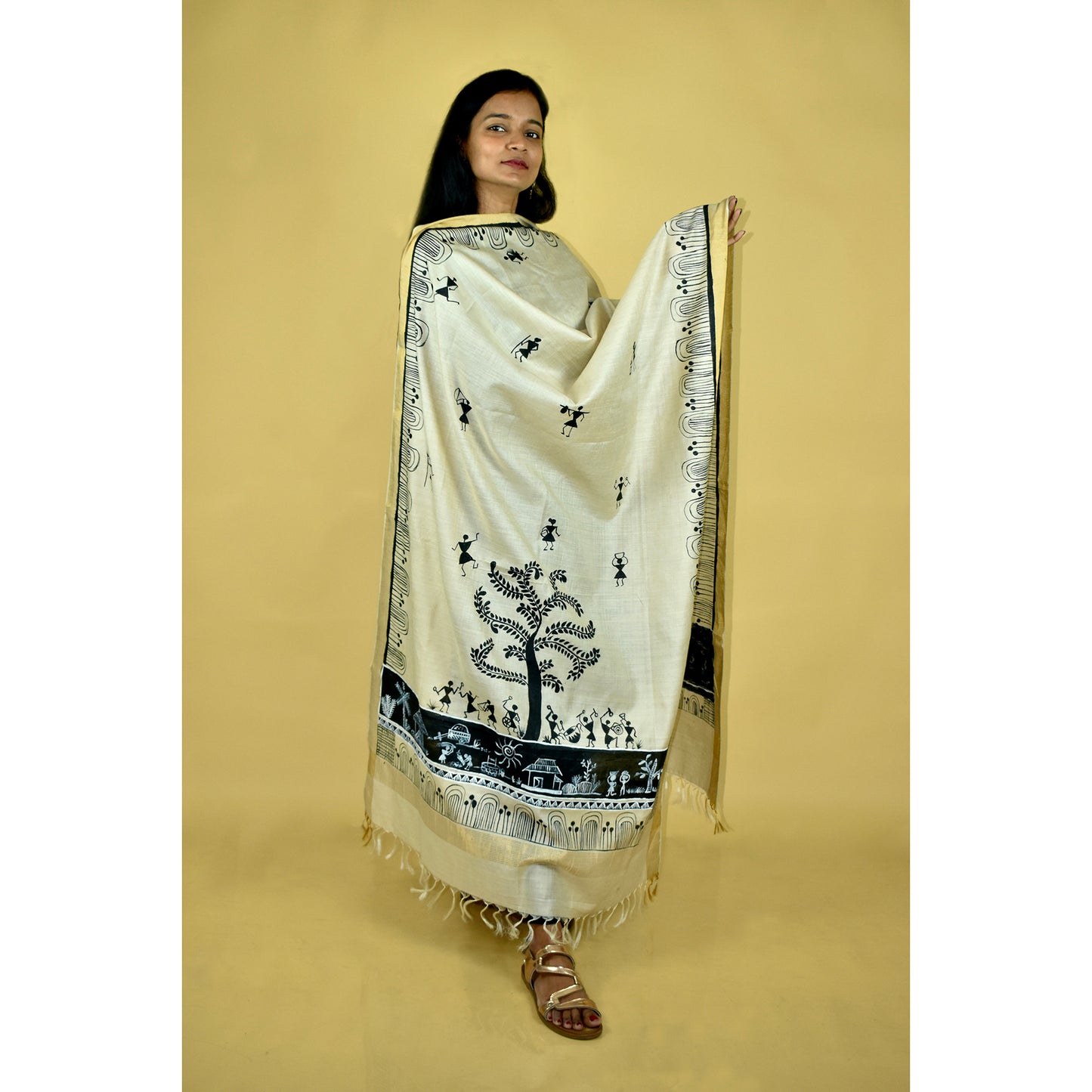 Beige - Warli Hand-painted Traditional Tussar Silk Dupatta