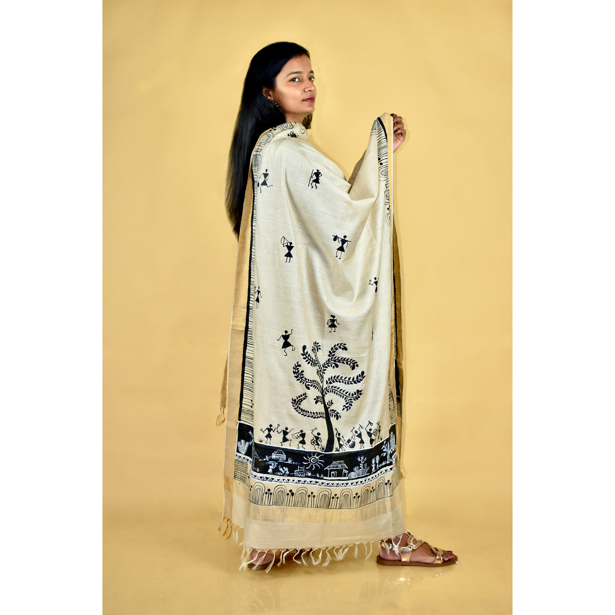 Beige - Warli Hand-painted Traditional Tussar Silk Dupatta