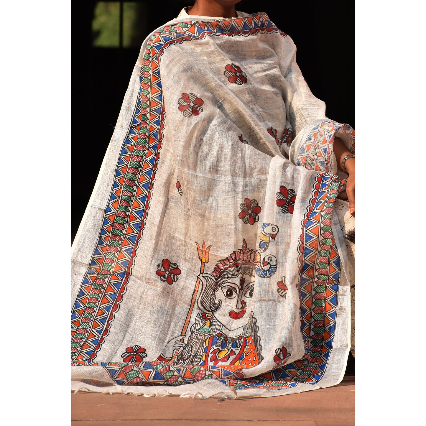 Madhubani Hand-Painted White Linen Dupatta