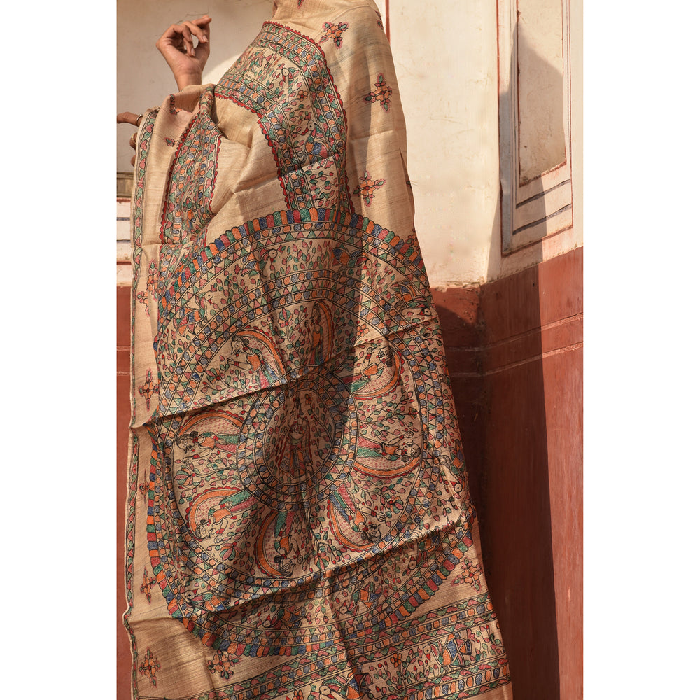 Multicolor - Madhubani Hand-Painted Tussar Silk Dupatta