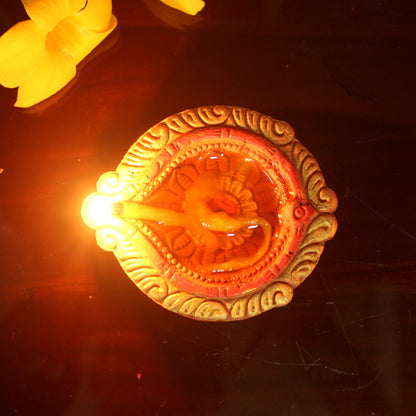 Golden Ring Motiff Diya (Bankura2) : Diwali Special - Set Of 12 Diyas & Cotton Wicks