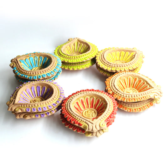 Colourful Motiff Diya (Design2) : Diwali Special - Set Of 12 Diyas & Cotton Wicks