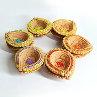 Colourful Motiff Diya (Design3) : Diwali Special - Set Of 12 Diyas & Cotton Wicks
