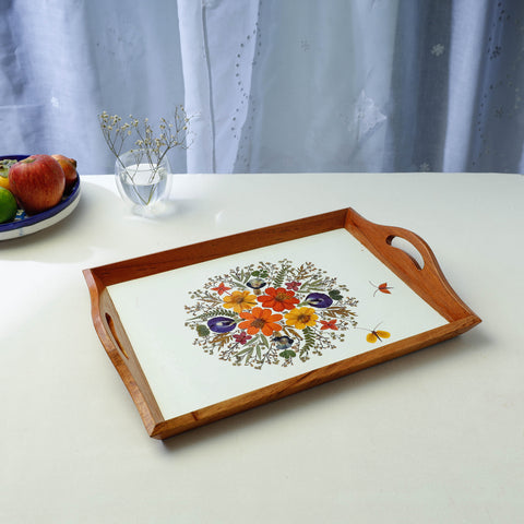 Flower Bouquet Art Work Wooden Tray with Handle (16.5 x 12.5 x 1 in)