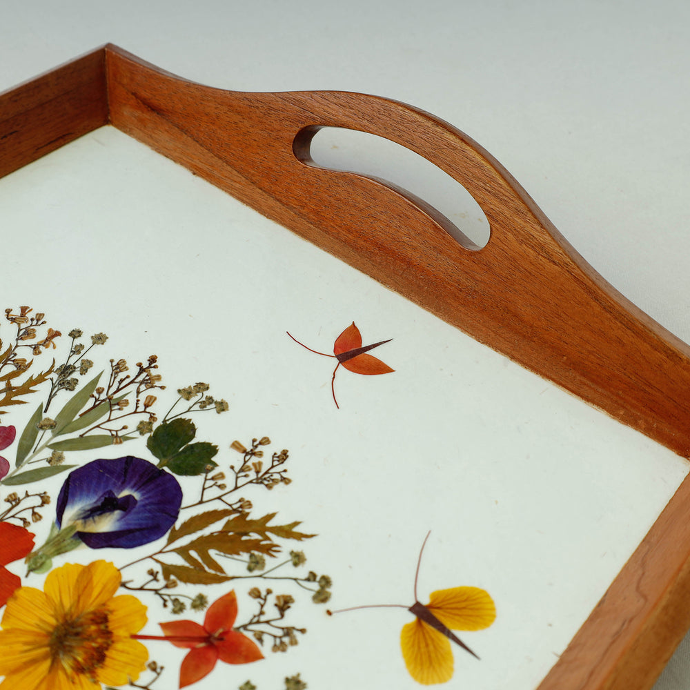 Flower Bouquet Art Work Wooden Tray with Handle (16.5 x 12.5 x 1 in)