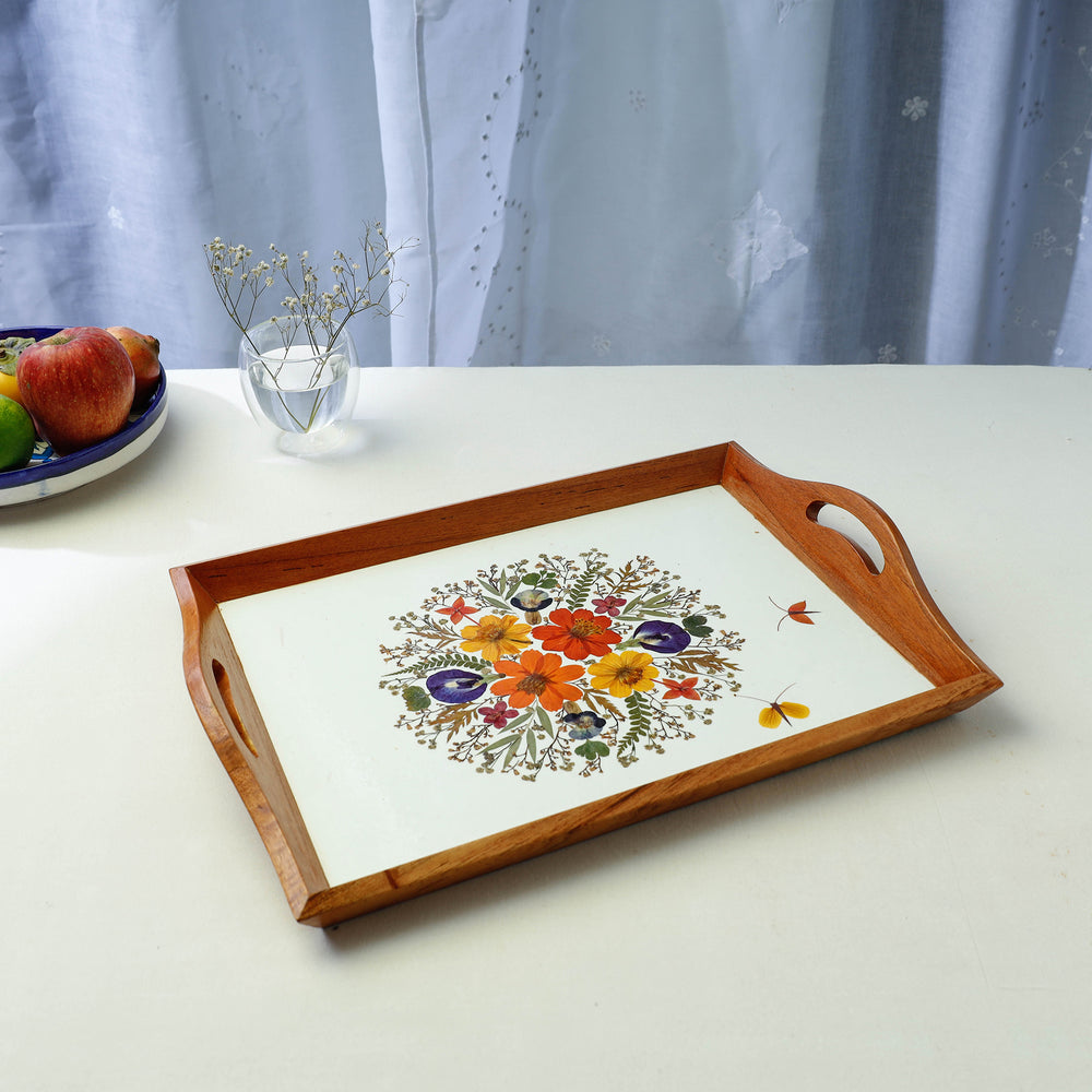 Flower Bouquet Art Work Wooden Tray with Handle (16.5 x 12.5 x 1 in)