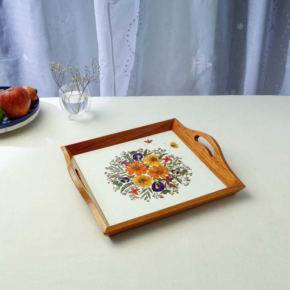 Flower Bouquet Art Work Wooden Square Tray with Handle (12.5 x 12.5 x 1 in)