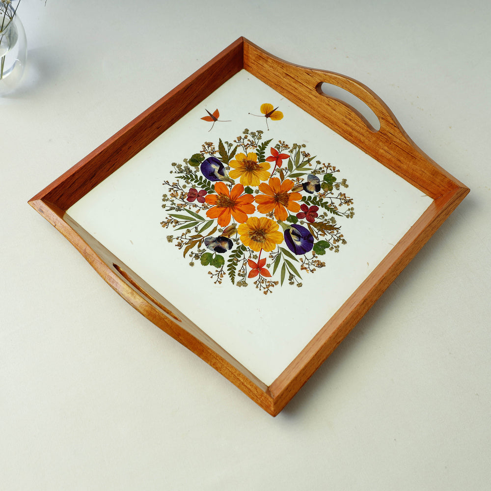 Flower Bouquet Art Work Wooden Square Tray with Handle (12.5 x 12.5 x 1 in)