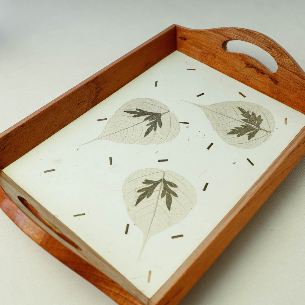 Leaf Art Work Wooden Tray with Handle - Nirvana (12.5 x 9 x 1 in)