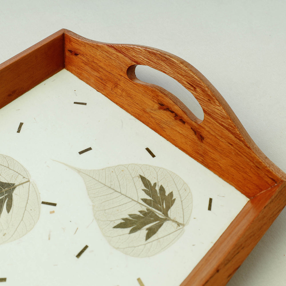 Leaf Art Work Wooden Tray with Handle - Nirvana (12.5 x 9 x 1 in)