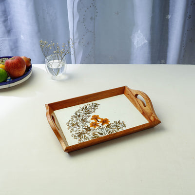 Flower Art Work Wooden Tray with Handle (12.5 x 9 x 1 in)