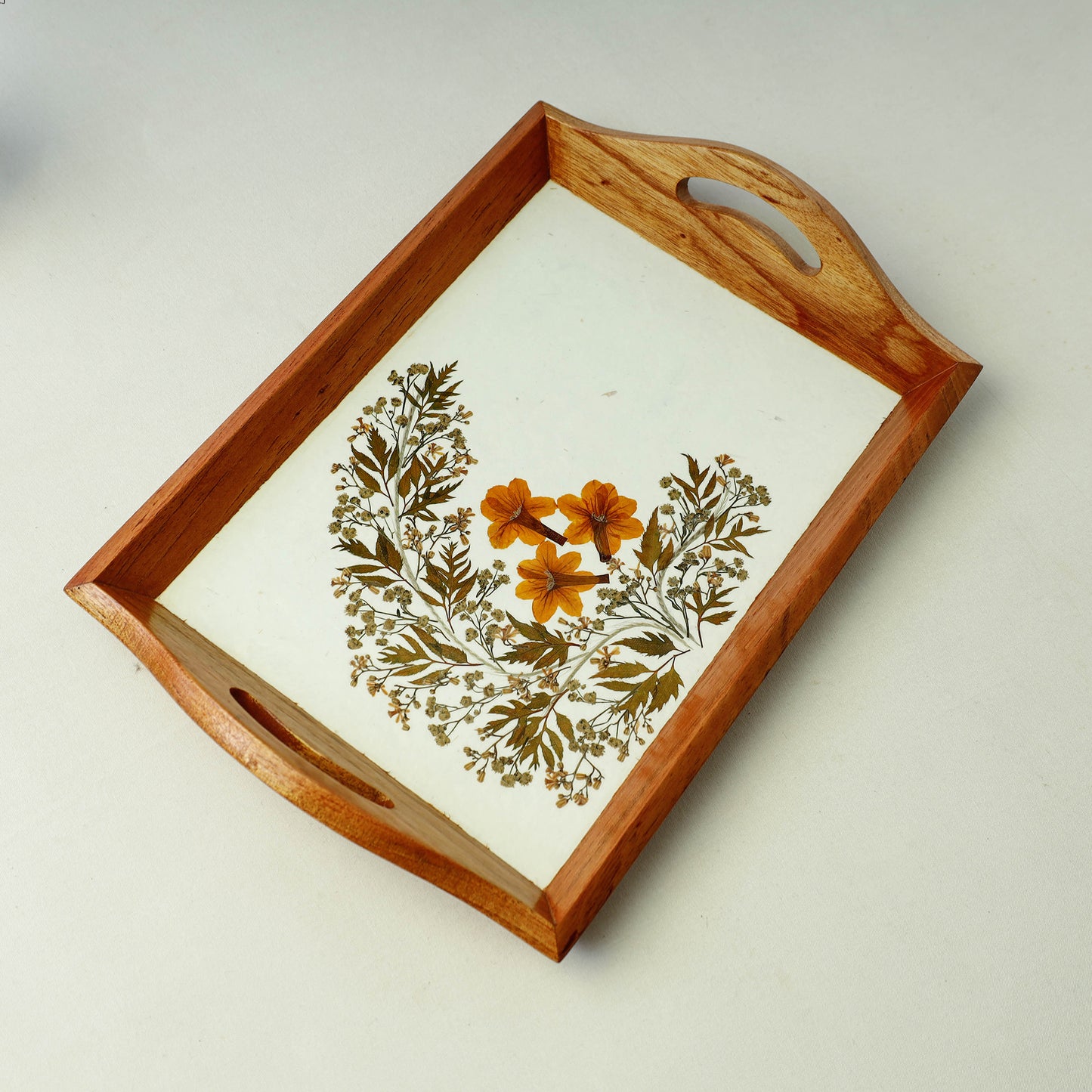 Flower Art Work Wooden Tray with Handle (12.5 x 9 x 1 in)