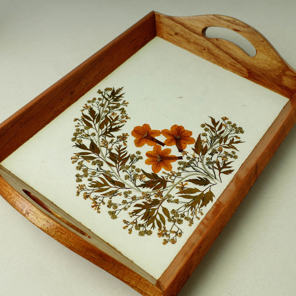 Flower Art Work Wooden Tray with Handle (12.5 x 9 x 1 in)