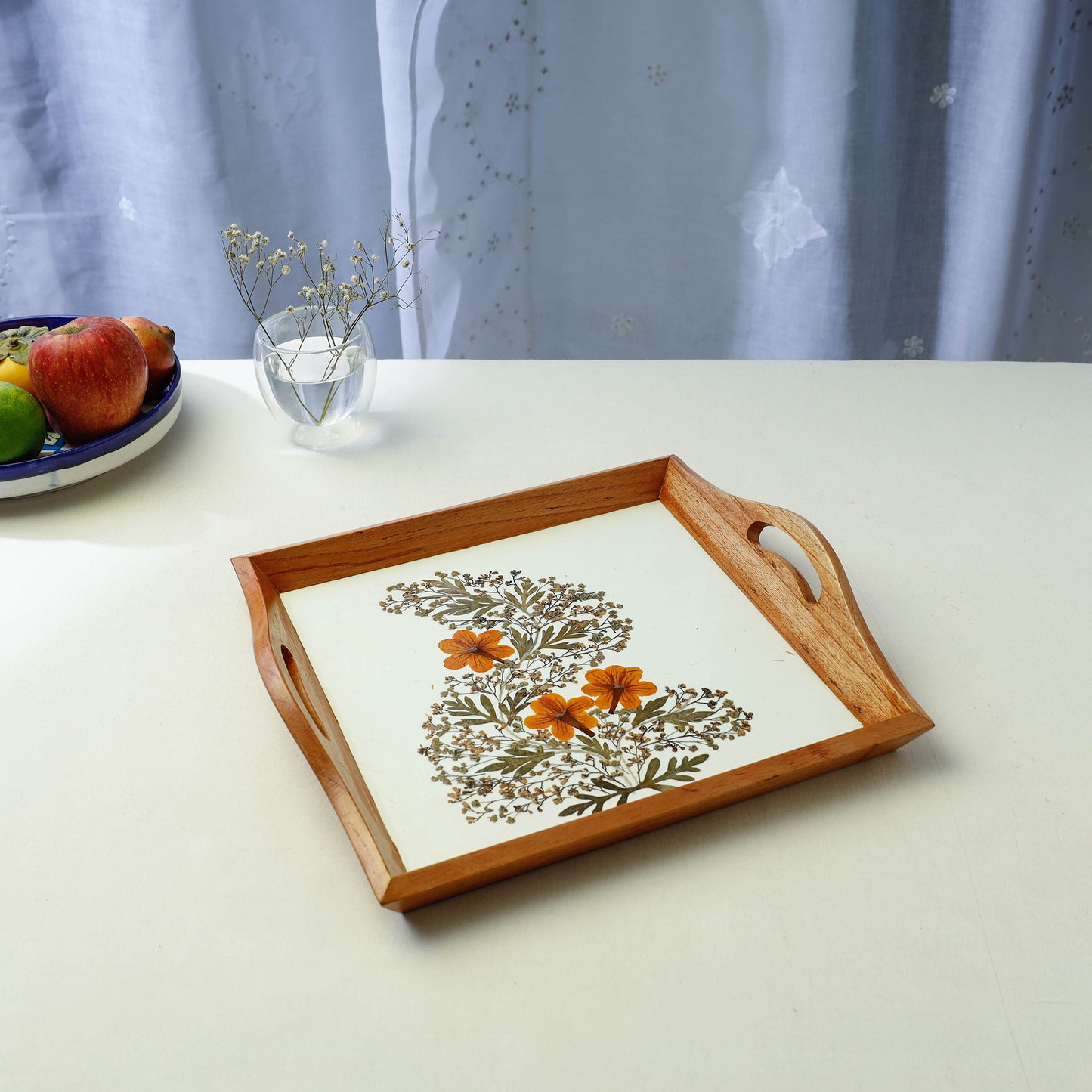 Flower Art Work Wooden Square Tray with Handle (12.5 x 12.5 x 1 in)