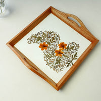 Flower Art Work Wooden Square Tray with Handle (12.5 x 12.5 x 1 in)