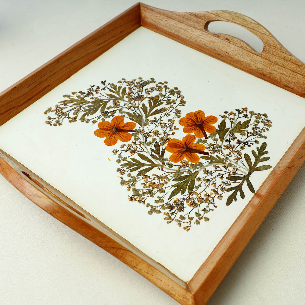 Flower Art Work Wooden Square Tray with Handle (12.5 x 12.5 x 1 in)