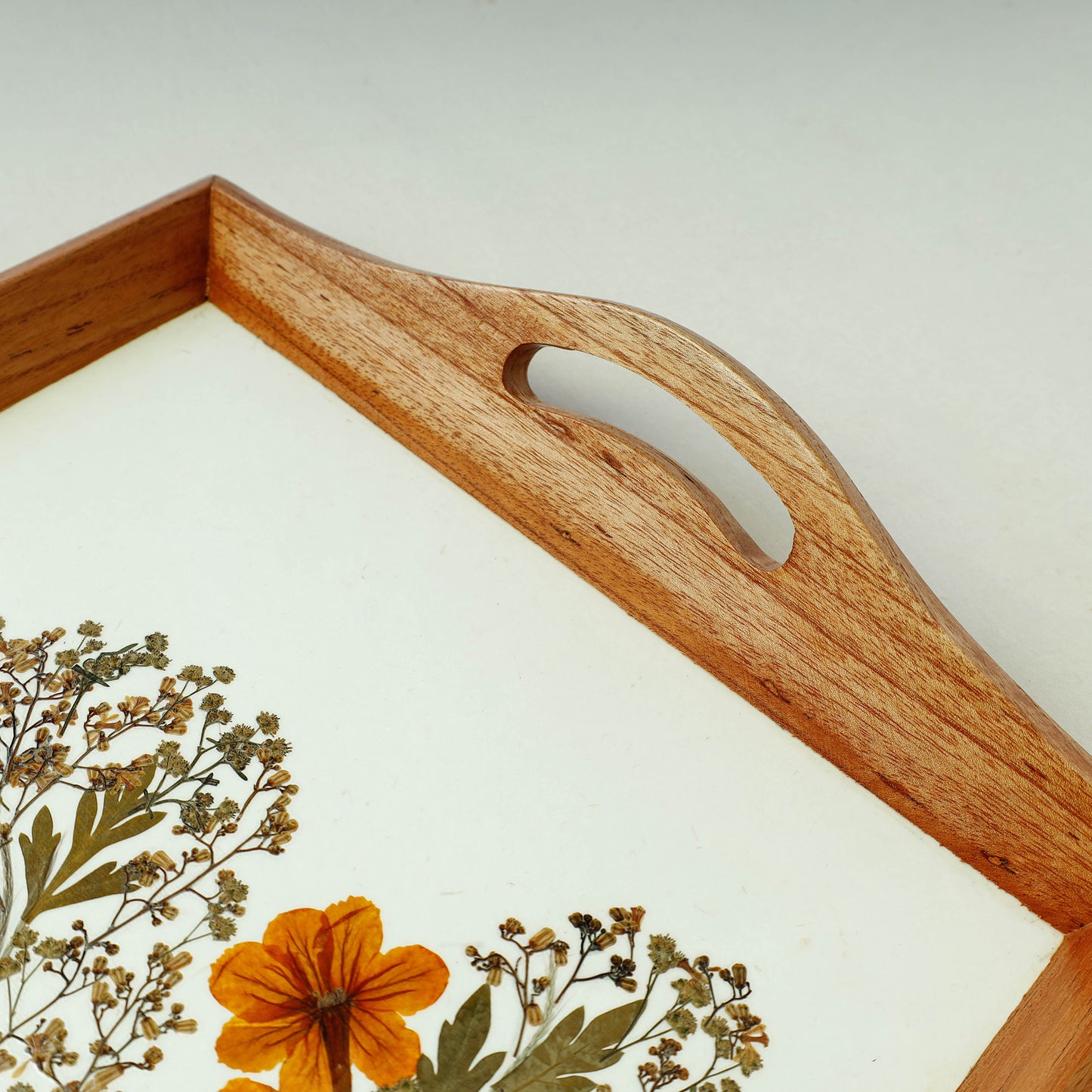 Flower Art Work Wooden Square Tray with Handle (12.5 x 12.5 x 1 in)