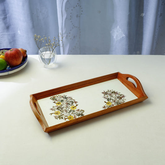 Flower Art Work Wooden Tray with Handle (16.5 x 9 x 1 in)