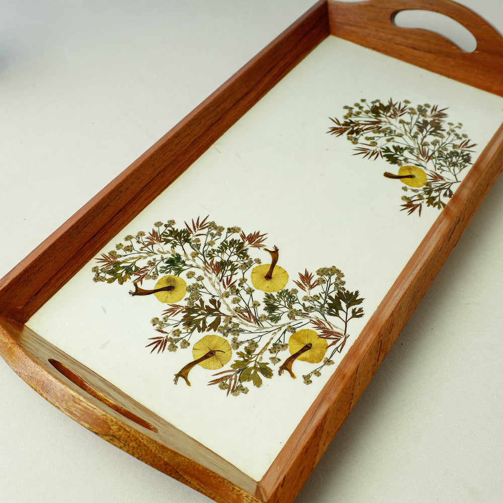 Flower Art Work Wooden Tray with Handle (16.5 x 9 x 1 in)