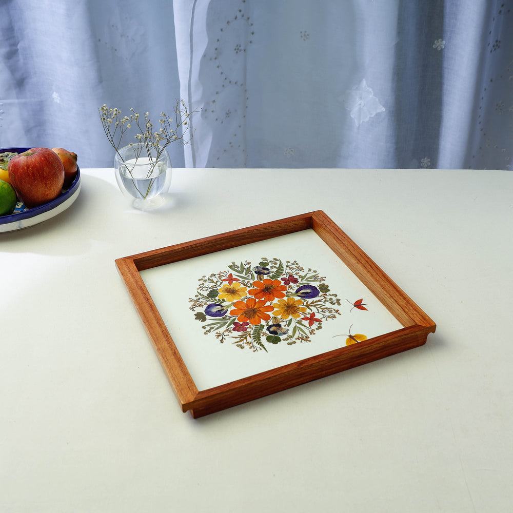 Flower Bouquet Art Work Wooden Square Tray (12 x 11 x 1 in)