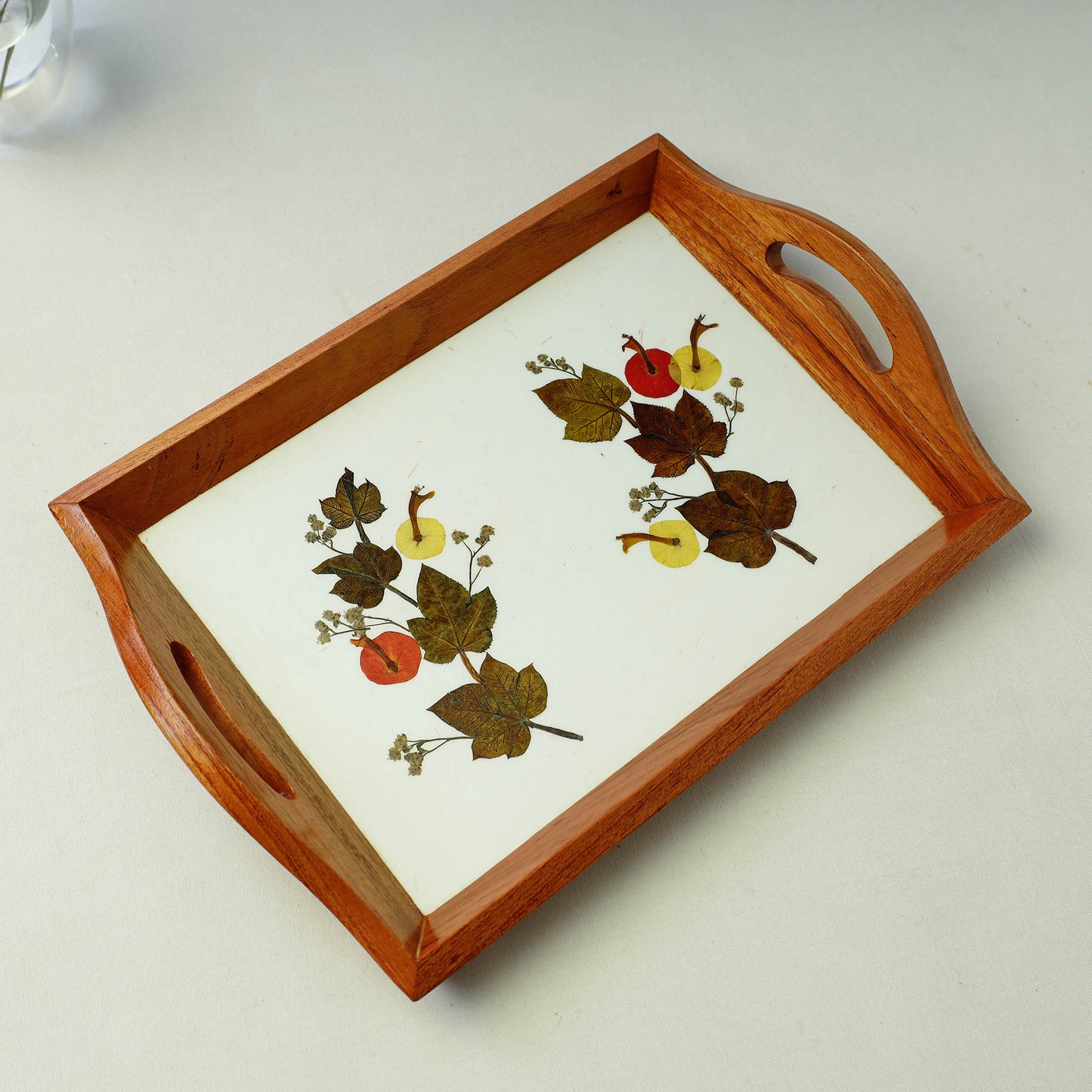 Flower Art Work Wooden Tray with Handle (12.5 x 9 in)