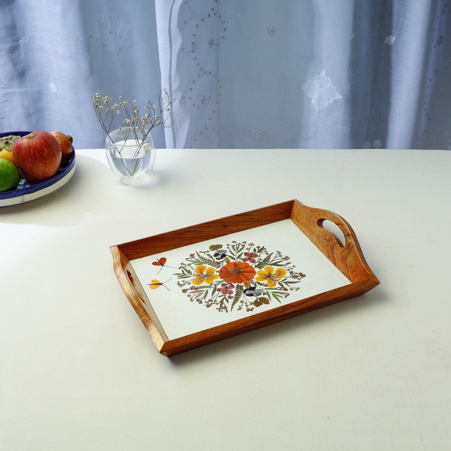 Flower Bouquet Art Work Wooden Tray with Handle (12.5 x 9 x 1 in)