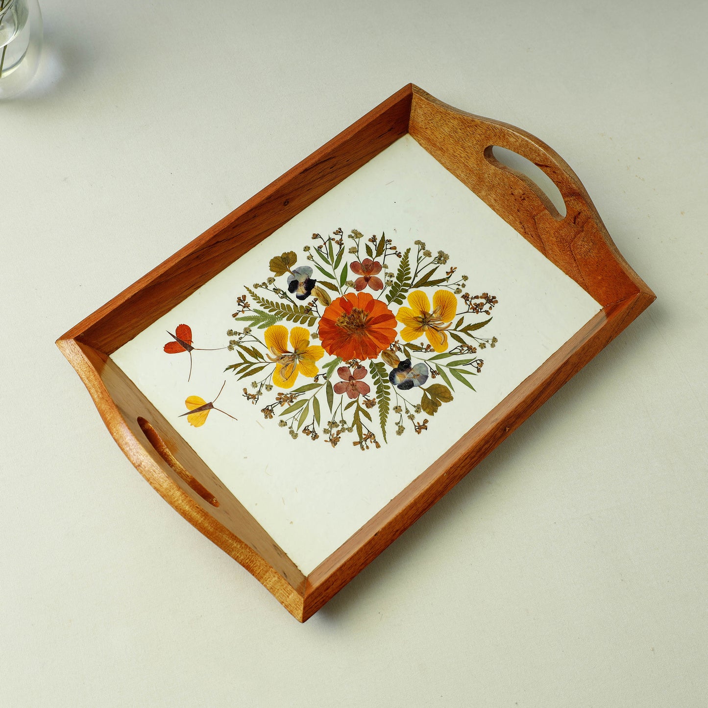 Flower Bouquet Art Work Wooden Tray with Handle (12.5 x 9 x 1 in)