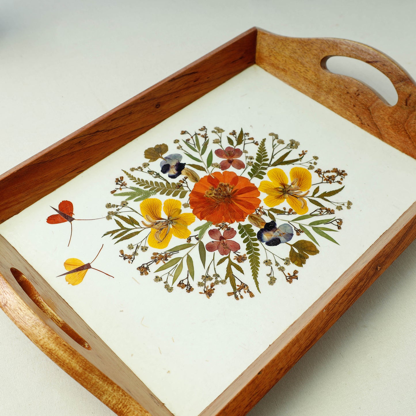 Flower Bouquet Art Work Wooden Tray with Handle (12.5 x 9 x 1 in)