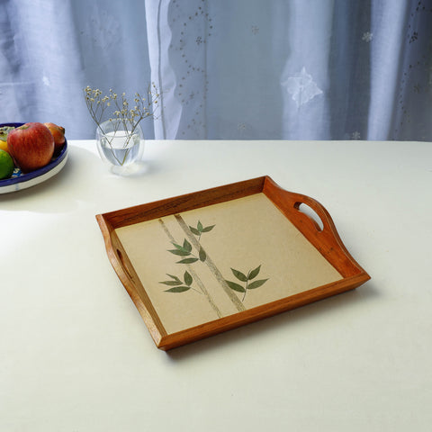 Bamboo Art Work Square Wooden Tray with Handles (12 x 12 x 1 in)