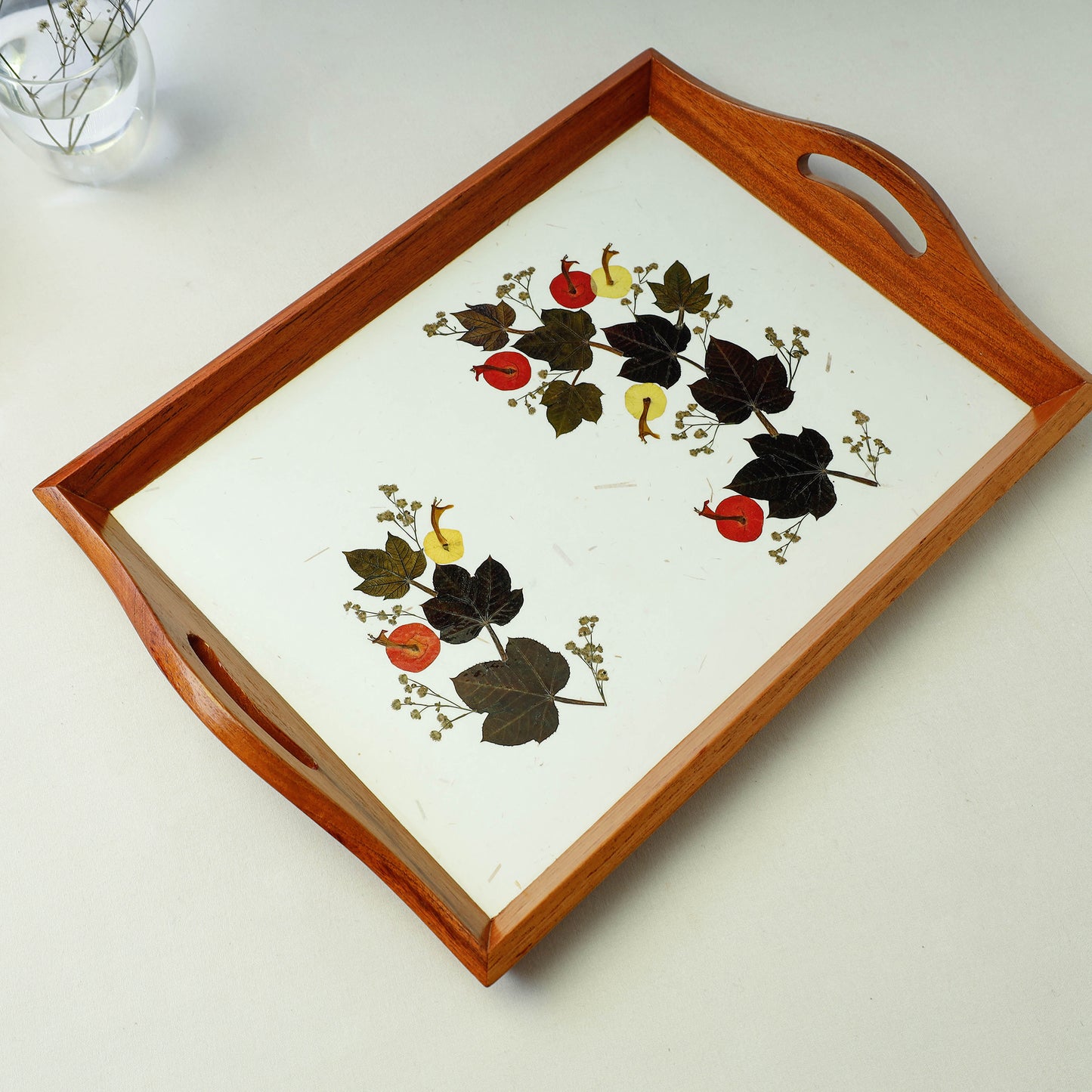 Flower Art Work Wooden Tray with Handle (16.5 x 12.5 x 1 in)