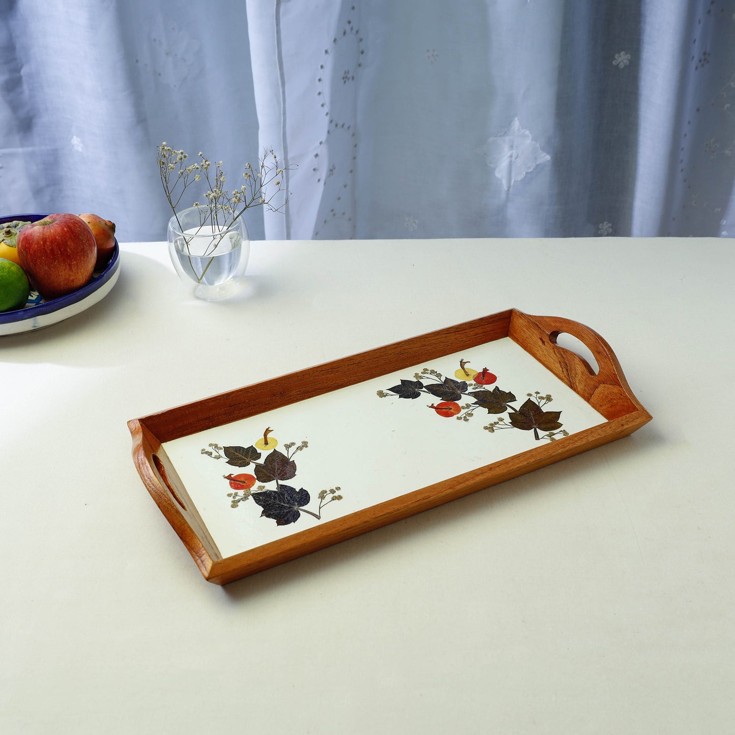 Flower Art Work Wooden Tray with Handle (16.5 x 9 x 1 in)