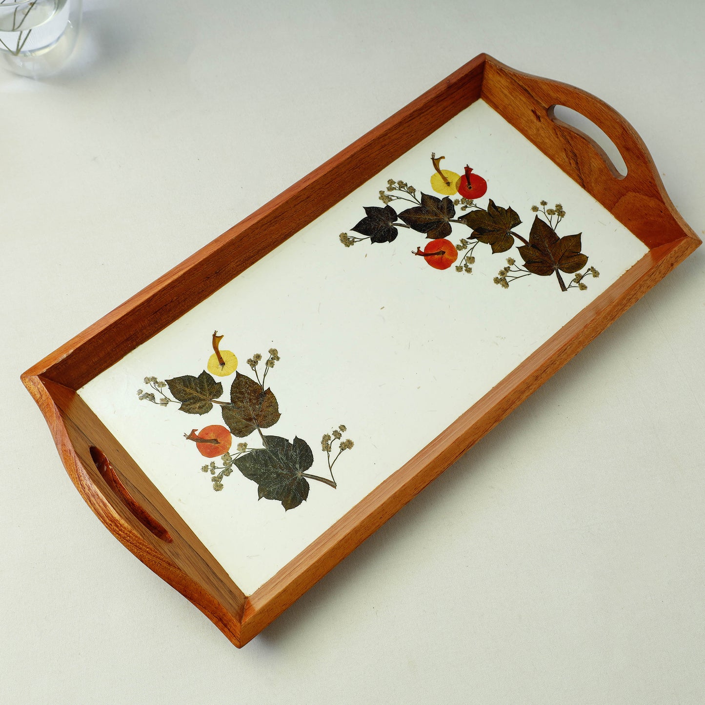 Flower Art Work Wooden Tray with Handle (16.5 x 9 x 1 in)