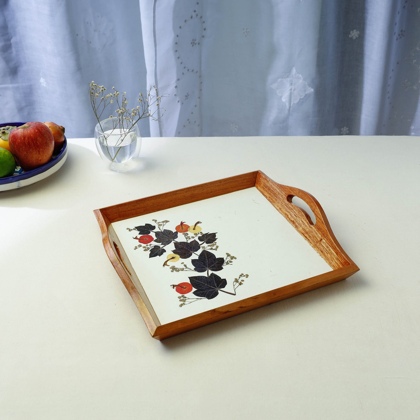 Flower Art Work Square Wooden Tray with Handle (12.5 x 12.5 x 1 in)