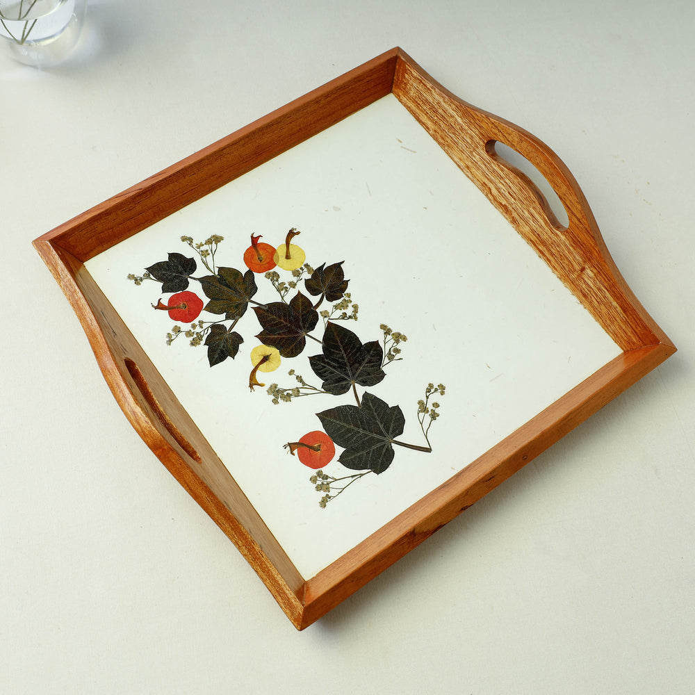 Flower Art Work Square Wooden Tray with Handle (12.5 x 12.5 x 1 in)