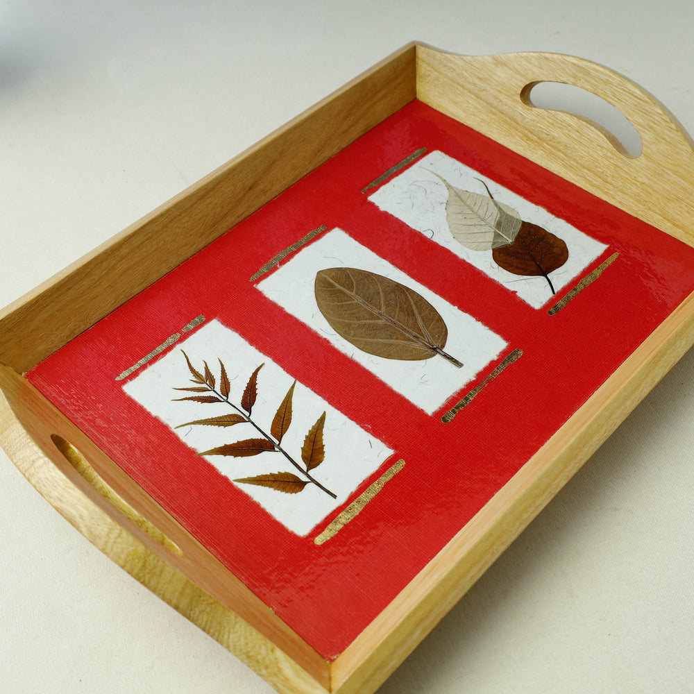 Sacred Leaves Art Work Wooden Tray with Handle (12.5 x 9 x 1 in)