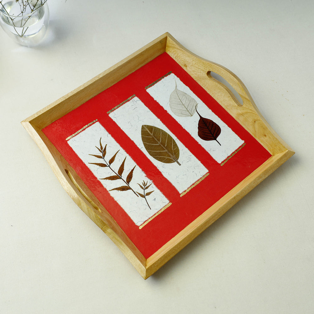 Sacred Leaves Art Work Square Wooden Tray with Handle (12.5 x 12.5 x 1 in)