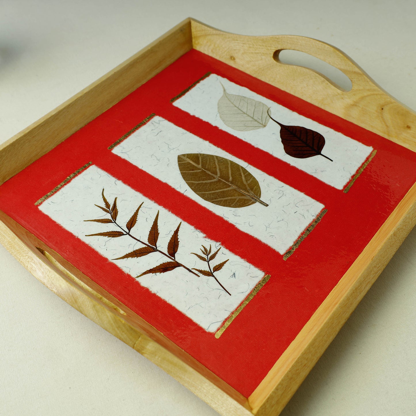 Sacred Leaves Art Work Square Wooden Tray with Handle (12.5 x 12.5 x 1 in)