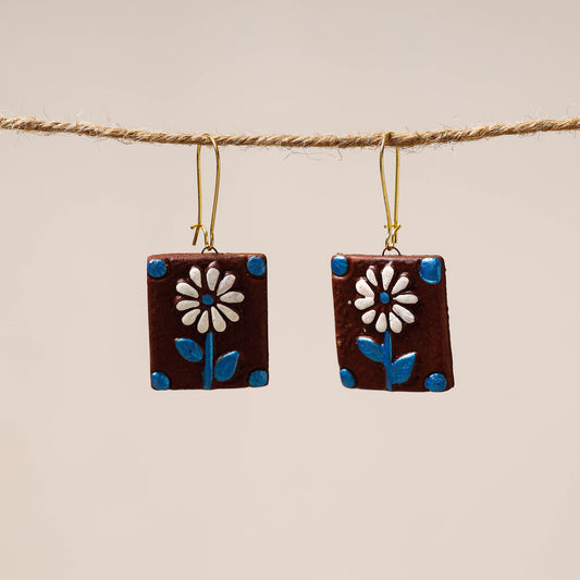 Bishnupur Handpainted Square Shape Terracotta Earrings with Flower Motif