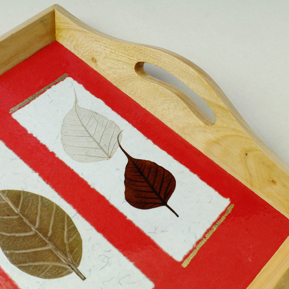 Sacred Leaves Art Work Square Wooden Tray with Handle (12.5 x 12.5 x 1 in)