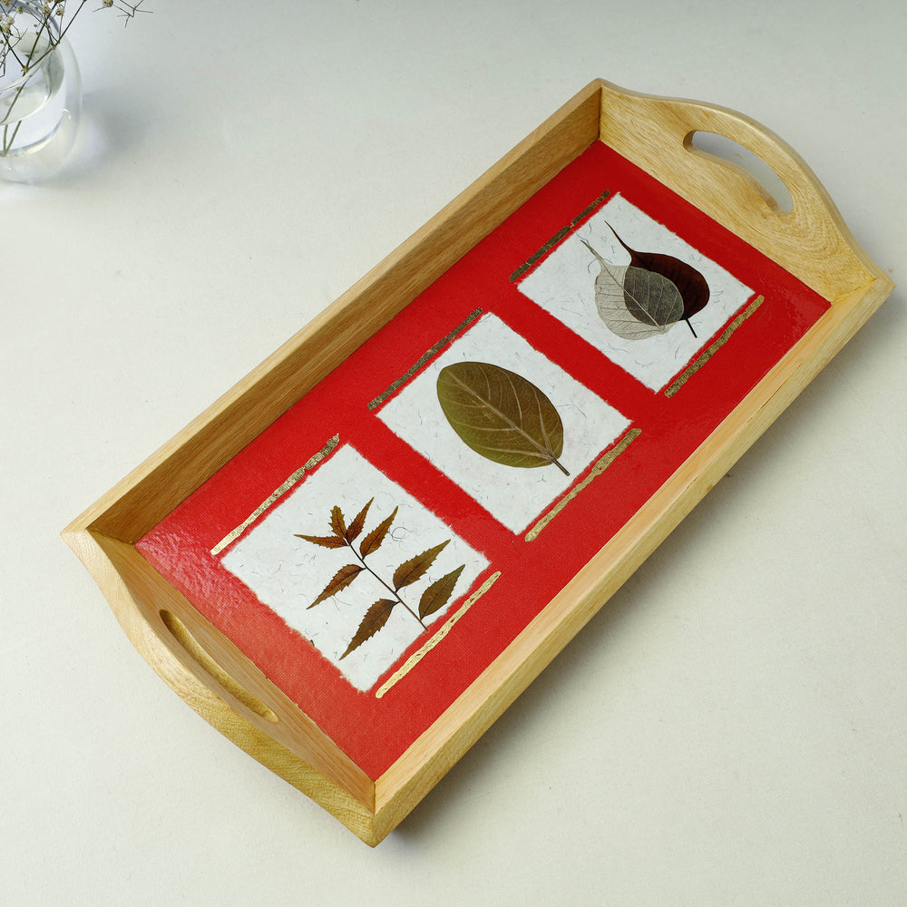 Sacred Leaves Art Work Wooden Tray with Handle (16.5 x 9 x 1 in)