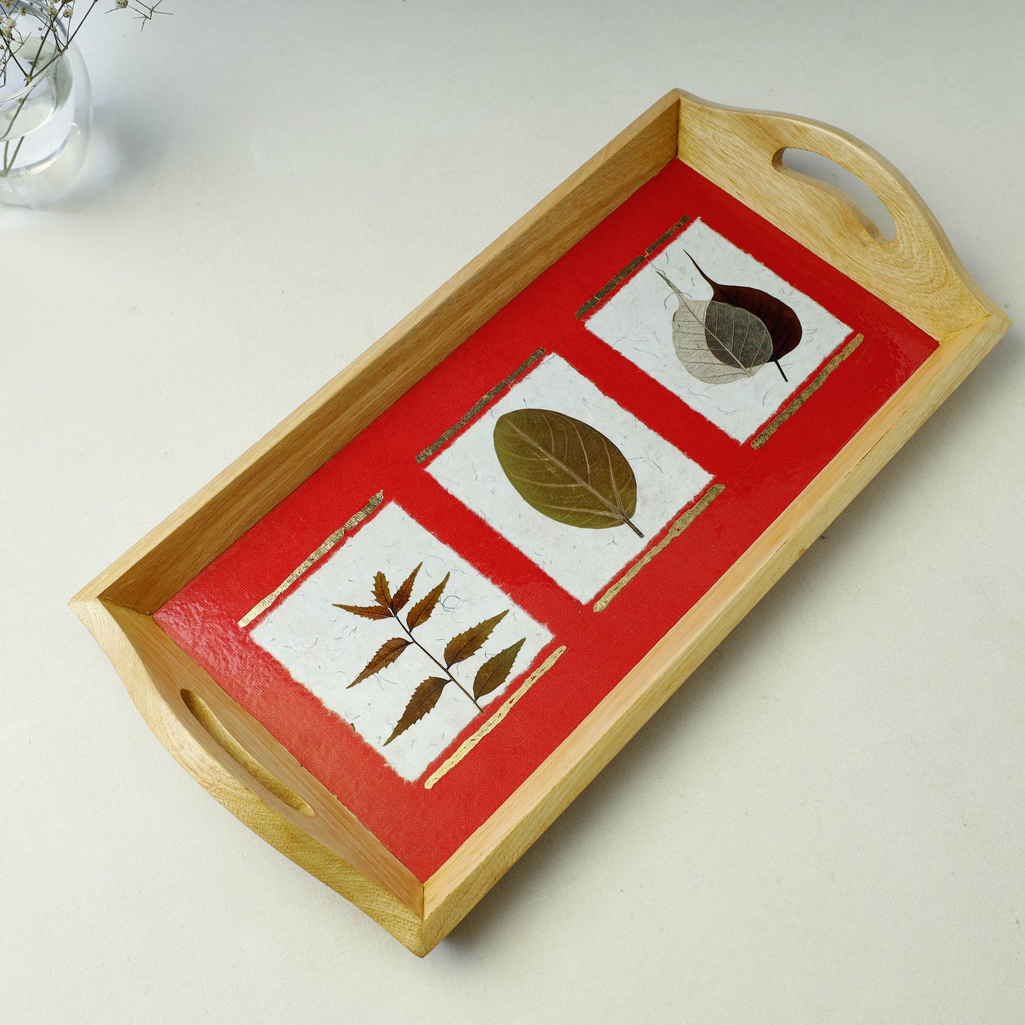 Sacred Leaves Art Work Wooden Tray with Handle (16.5 x 9 x 1 in)