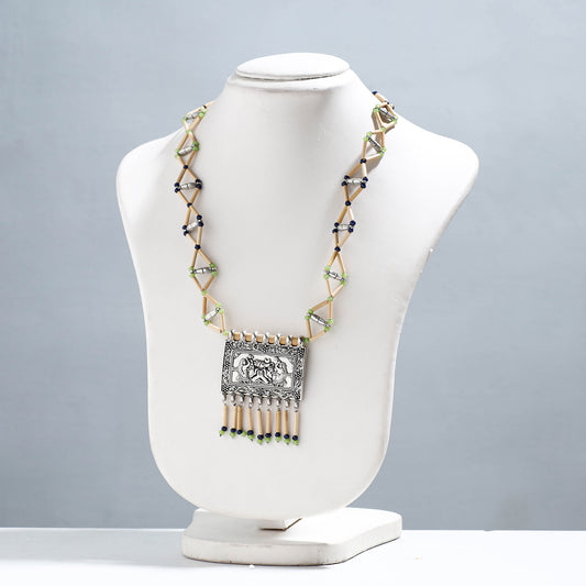 Handcrafted German Silver Pendant Zig Zag Bamboo Necklace with Green & Blue Beads