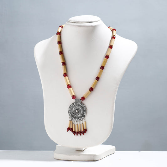 Handcrafted German Silver Pendant Bamboo Necklace with Red Beads