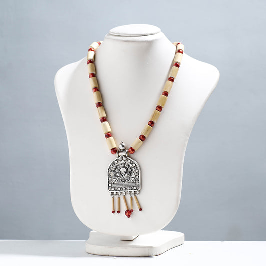 Handcrafted Mughal Flower German Silver Pendant Bamboo Necklace with Red Beads