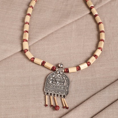 Handcrafted Mughal Flower German Silver Pendant Bamboo Necklace with Red Beads