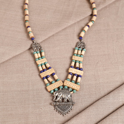 Handcrafted Elephant German Silver Pendant Bamboo Necklace with Light & Dark Blue Beads