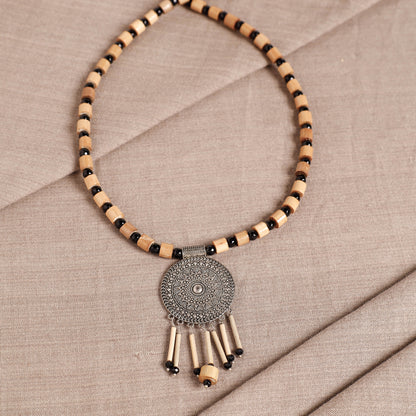 Handcrafted German Silver Pendant Bamboo Necklace with Black Beads