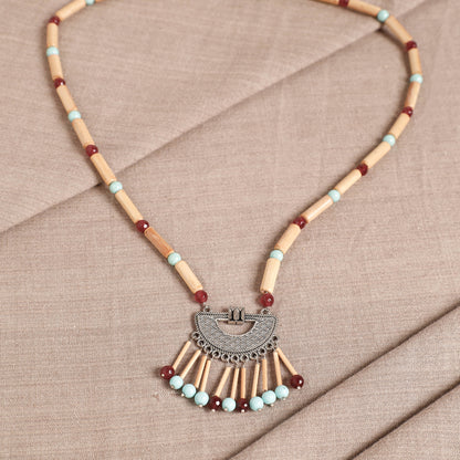 Handcrafted German Silver Pendant Bamboo Necklace with Red & Blue Beads
