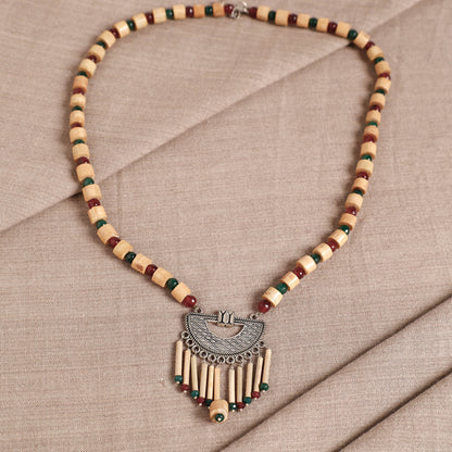 Handcrafted German Silver Pendant Bamboo Necklace with Red & Green Beads